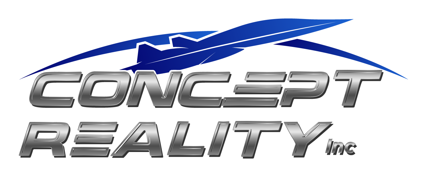 A silver and blue logo for concept reality.